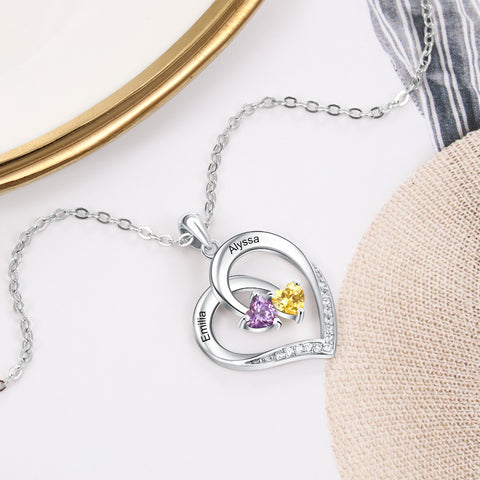 Heart Necklace with 2 Birthstones