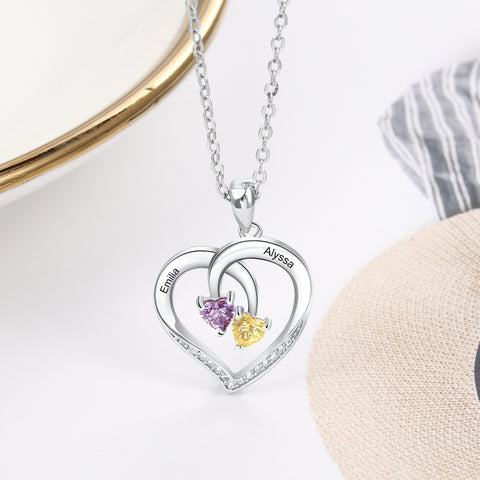 Heart Necklace with 2 Birthstones