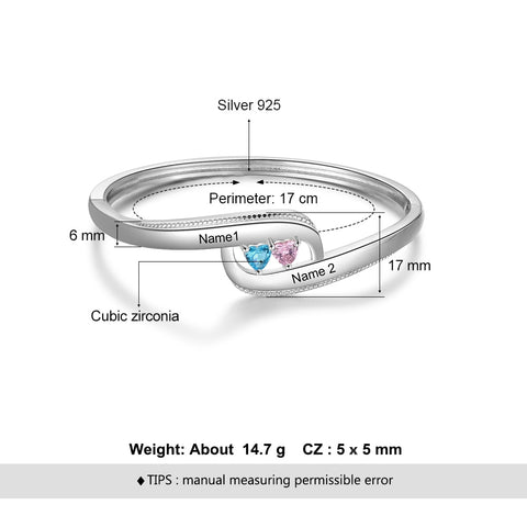 925 Sterling Silver Bracelets Bangles with Birthstone Heart