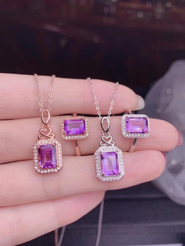 Emerald Cut Natural Amethyst Pendant Necklace and Solitaire Ring Set