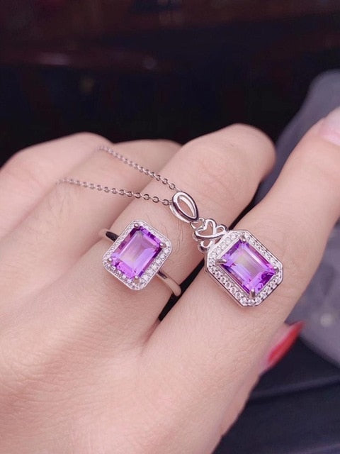 Emerald Cut Natural Amethyst Pendant Necklace and Solitaire Ring Set