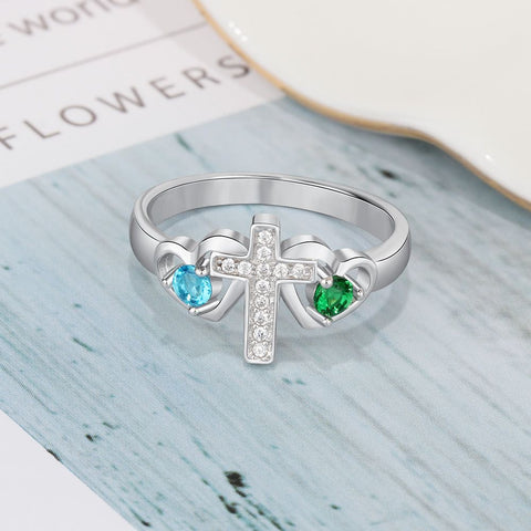 Silver Cross Ring with Double Heart