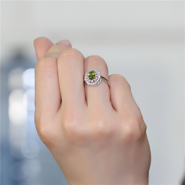 Oval Green Peridot Halo Ring for Women